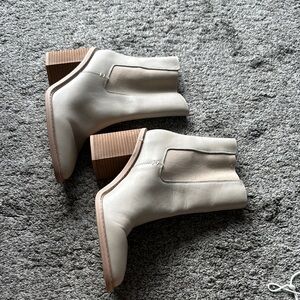 Crown Vintage Cream Ankle Booties with Stacked Wood Heel